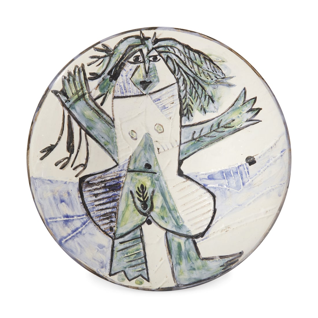 Pablo Picasso (Spanish, 1881–1973) Femme Échevelée (A.R. 509), 1963: Pablo Picasso (Spanish, 1881–1973) Femme Échevelée (A.R. 509), 1963 white earthenware ceramic plate with colored engobe and glaze numbered 74/100 and with 'Madoura Plein Feu' and 'Empr