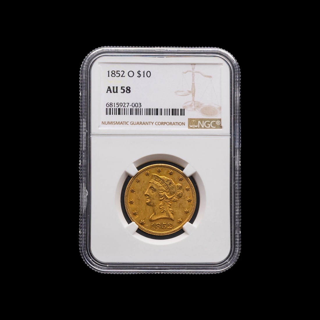 An 1852-O Liberty Head $10 Gold Coin [NGC AU58] (1 of 2)