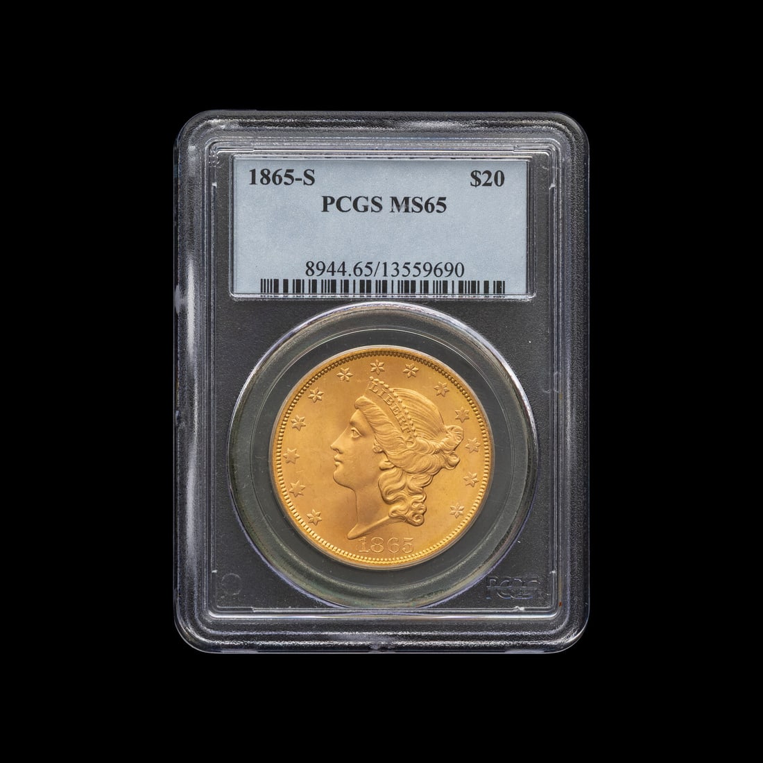 An 1865-S Liberty Head $20 Gold Coin [PCGS MS65] (1 of 2)