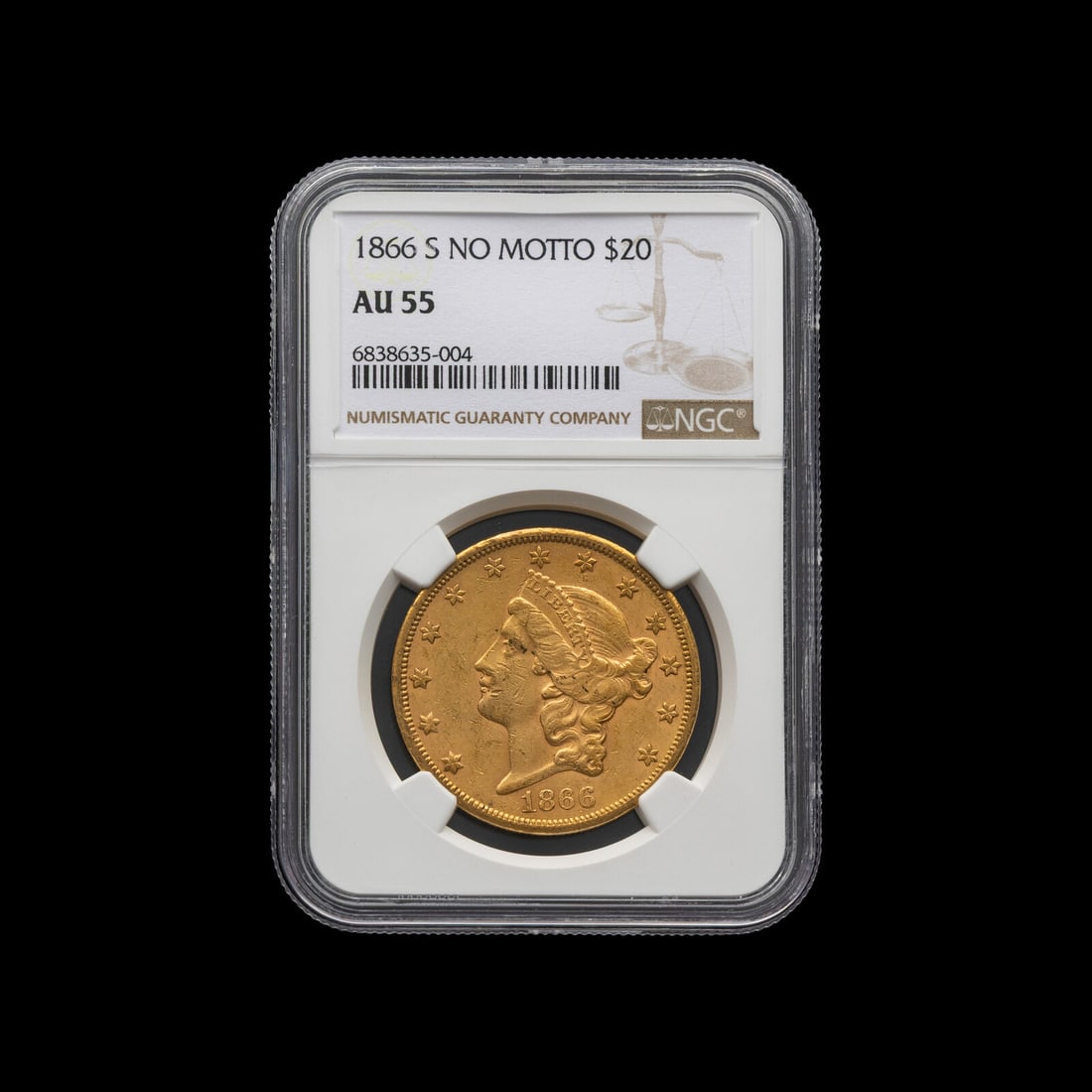 An 1866-S Liberty Head: No Motto $20 Gold Coin [NGC AU55]: An 1866-S Liberty Head: No Motto $20 Gold Coin [NGC AU55] This lot is located in Chicago.