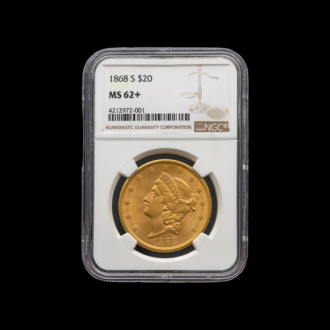 An 1868-S Liberty Head $20 Gold Coin [NGC MS62+]: An 1868-S Liberty Head $20 Gold Coin [NGC MS62+] This lot is located in Chicago.