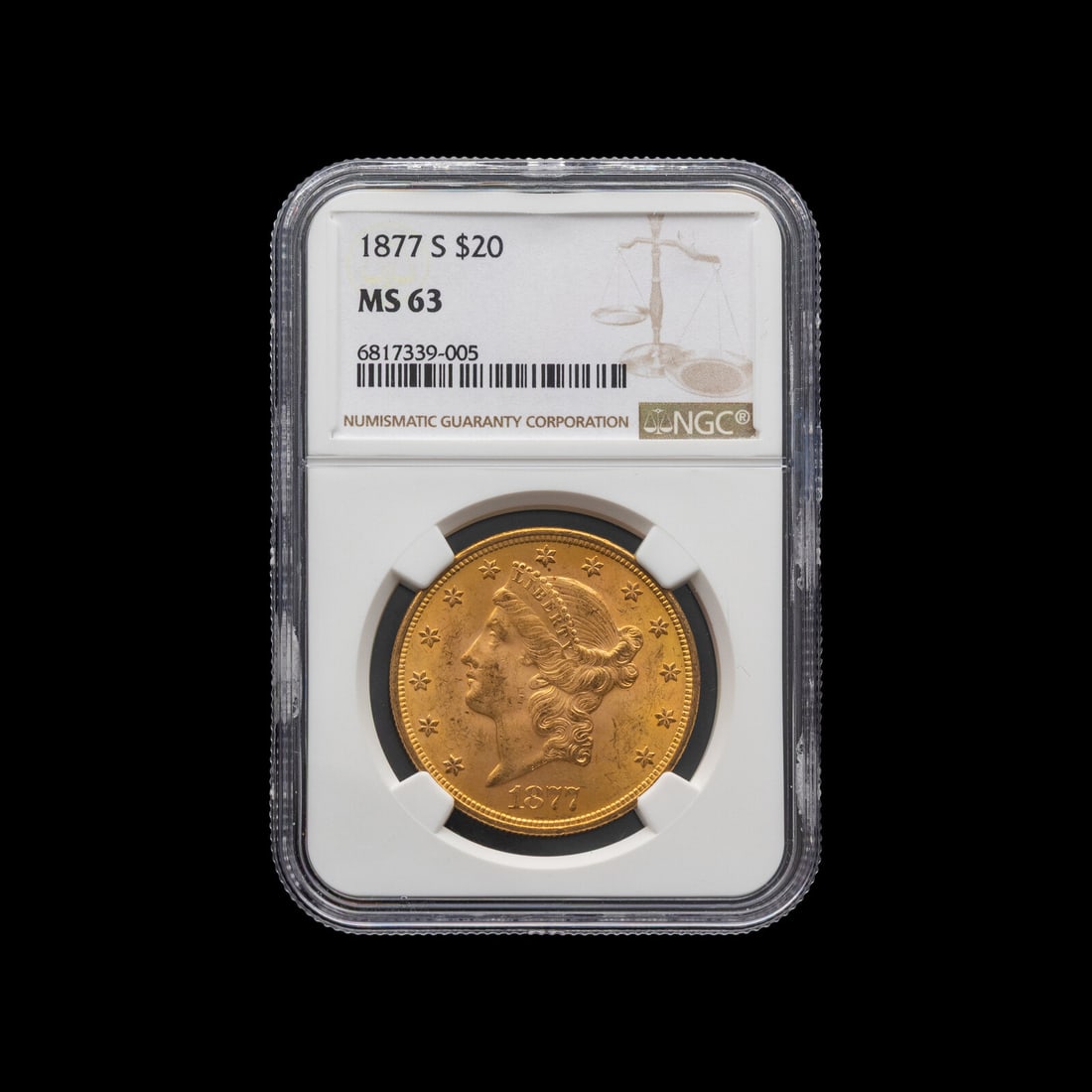 An 1877-S Liberty Head $20 Gold Coin [NGC MS63]: An 1877-S Liberty Head $20 Gold Coin [NGC MS63] This lot is located in Chicago.