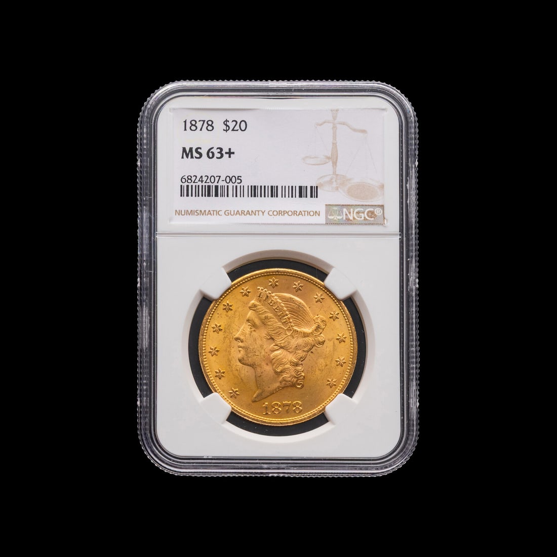 An 1878 Liberty Head $20 Gold Coin [PCGS MS63+]: An 1878 Liberty Head $20 Gold Coin [PCGS MS63+] This lot is located in Chicago.