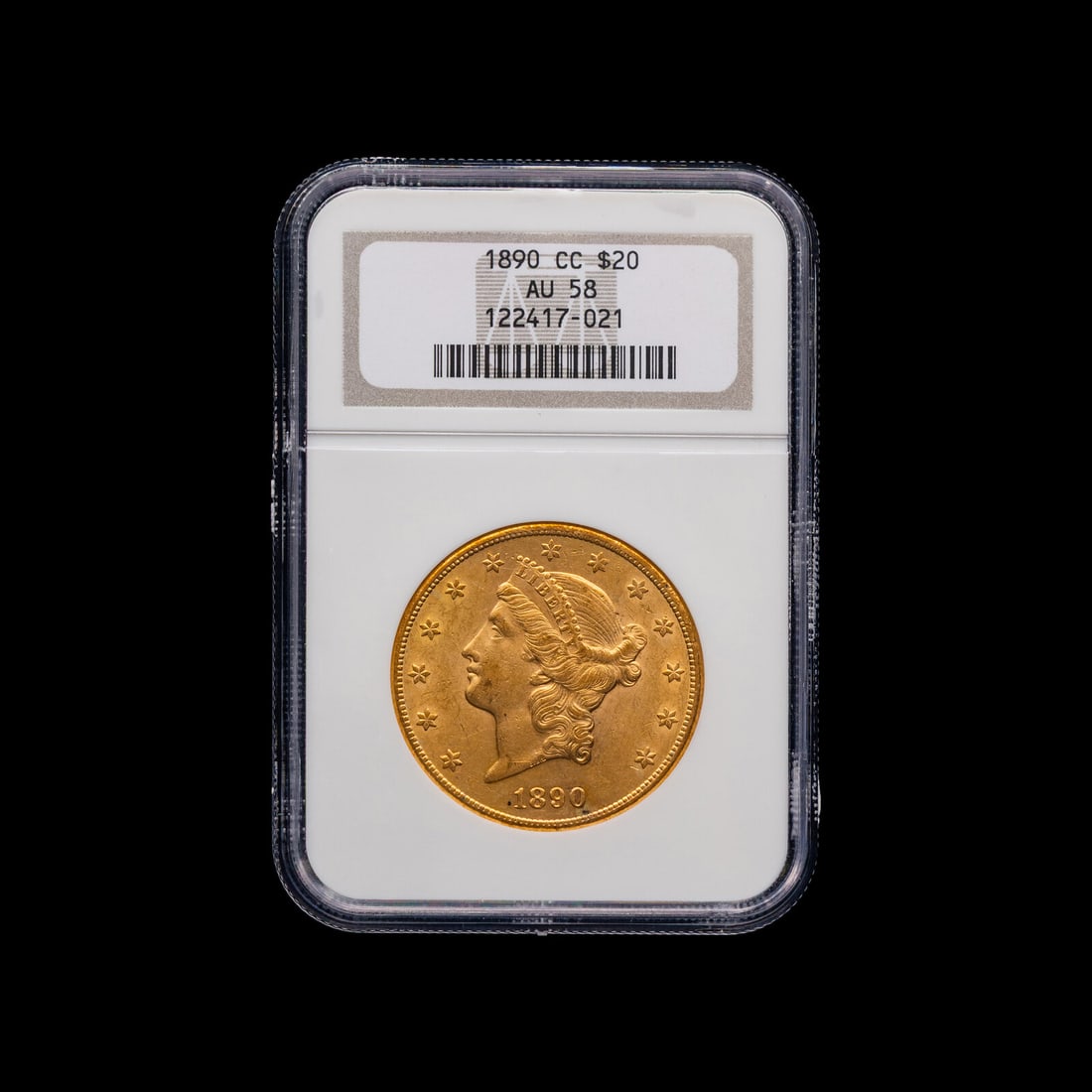 An 1890-CC Liberty Head $20 Gold Coin [NGC AU58]: An 1890-CC Liberty Head $20 Gold Coin [NGC AU58] This lot is located in Chicago.