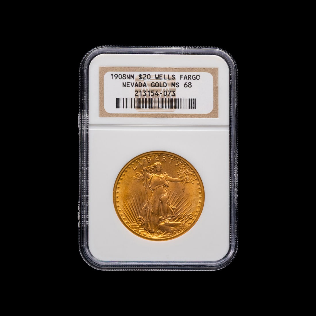 A 1908 Saint Gaudens: No Motto $20 Gold Coin [NGC MS68] (1 of 2)