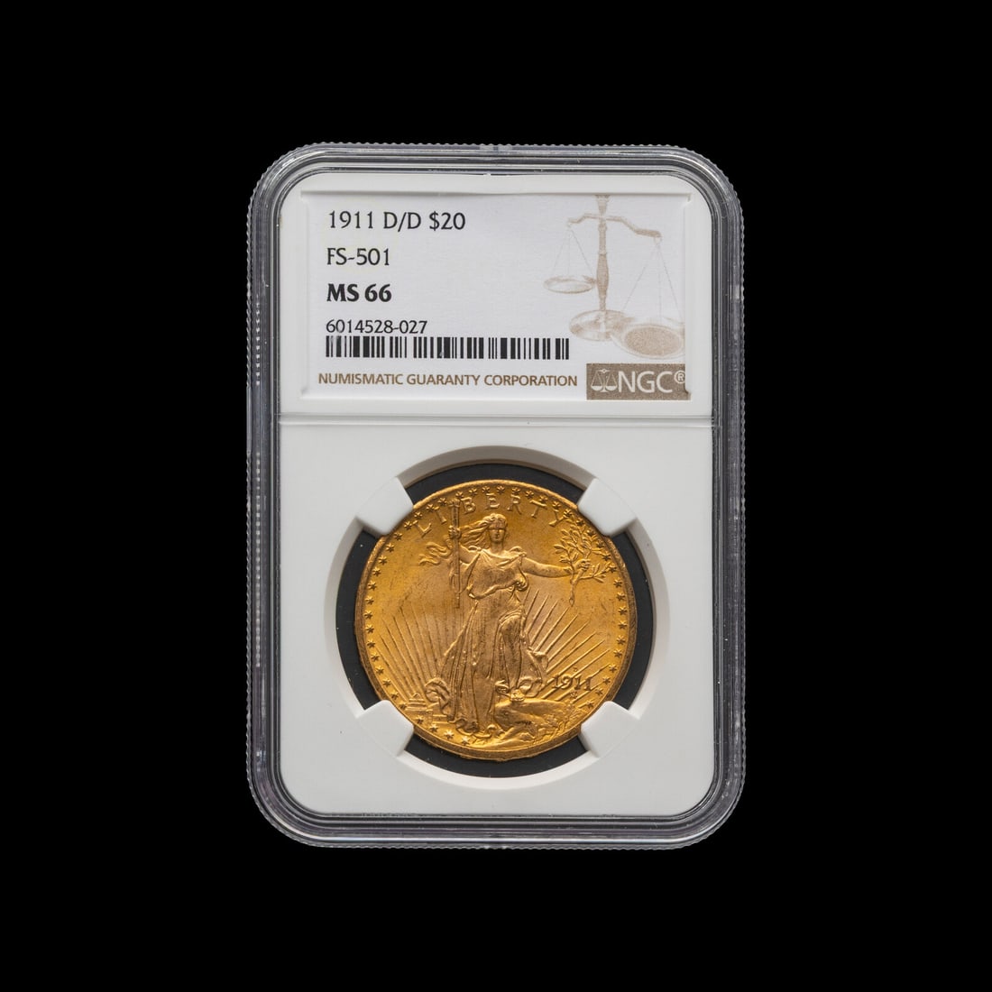 A 1911 D/D Saint Gaudens: FS-501 $20 Gold Coin [NGC MS66]: A 1911 D/D Saint Gaudens: FS-501 $20 Gold Coin [NGC MS66] This lot is located in Chicago.