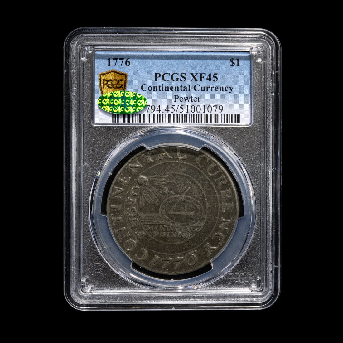 A 1776 Continental Currency Pewter 'Currency' $1 Coin [PCGS XF45; CAC Green Sticker] (1 of 7)