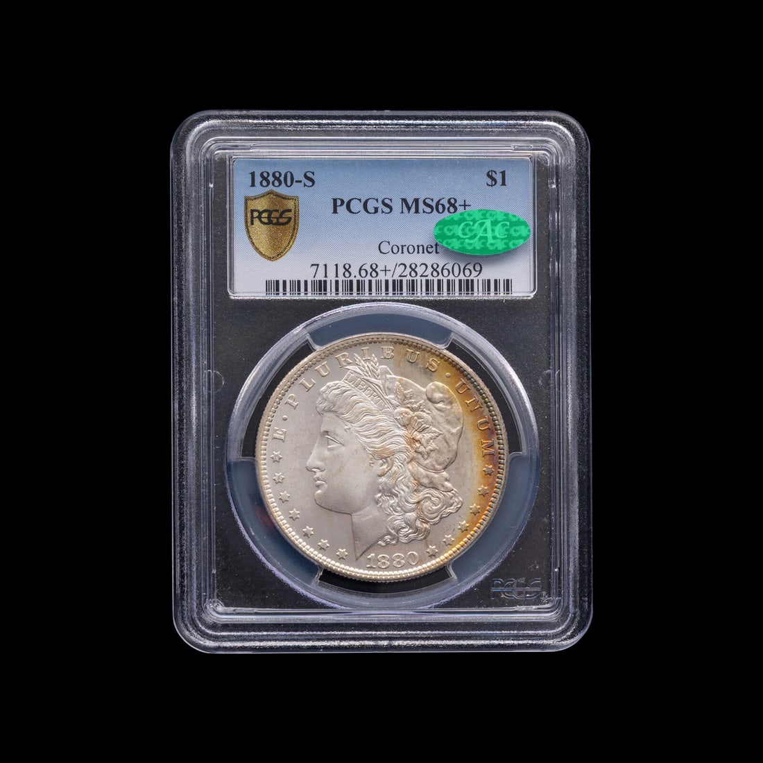 An 1880-S Morgan $1 Coin [PCGS MS68+; CAC Green Sticker]: An 1880-S Morgan $1 Coin [PCGS MS68+; CAC Green Sticker] This lot is located in Chicago.