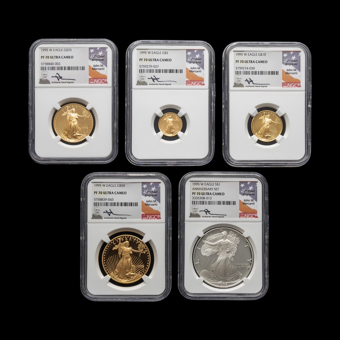 A 1995-W Gold and Silver Eagle 5 Coin Proof Set [NGC PF70 Ultra Cameo: John Mercanti Signed Labels]: A 1995-W Gold and Silver Eagle 5 Coin Proof Set [NGC PF70 Ultra Cameo: John Mercanti Signed Labels] comprising gold $50, $25, $10 and $5 examples and a silver $1 example. This lot is located in Chicag