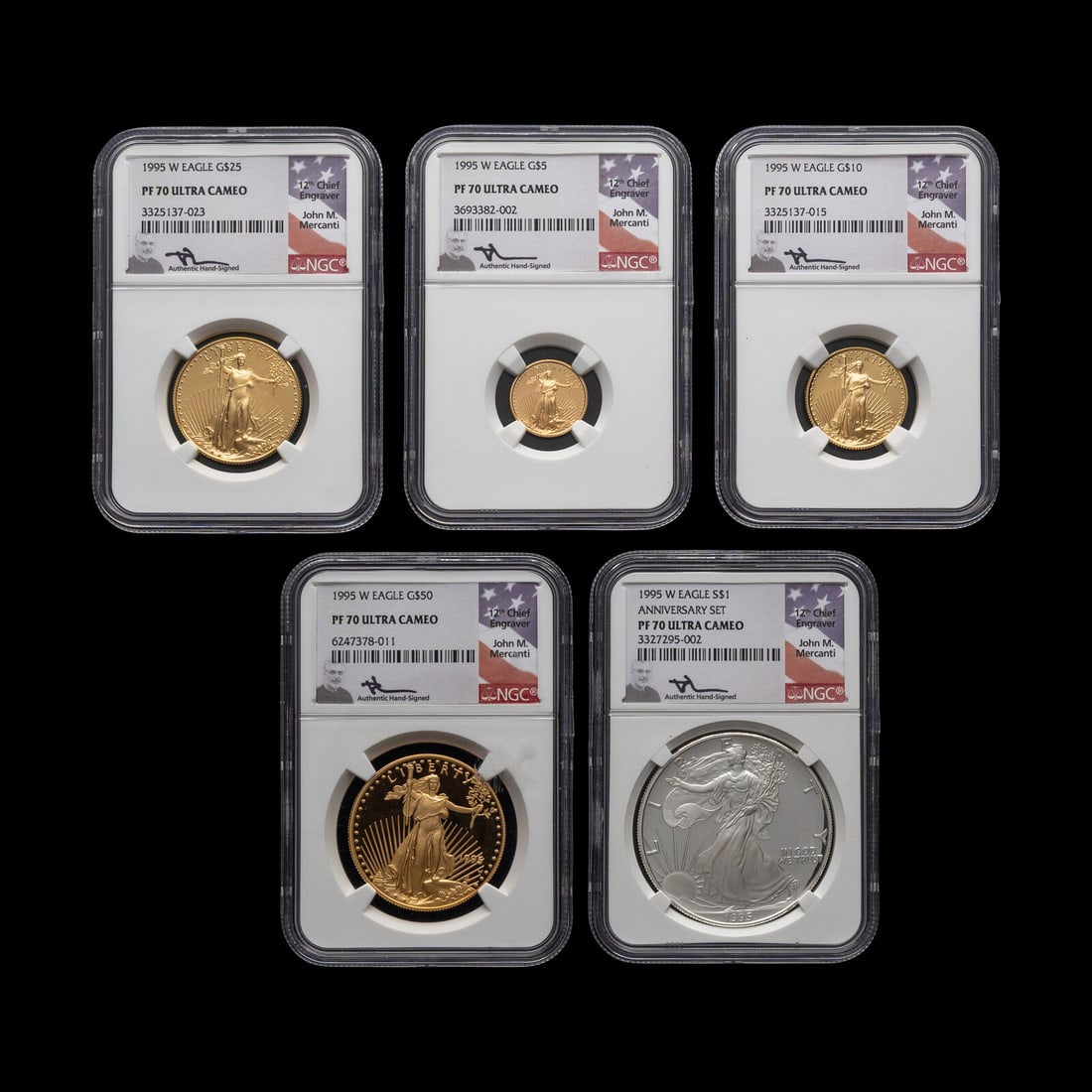 A 1995-W Gold and Silver Eagle 5 Coin Proof Set [NGC PF70 Ultra Cameo: John Mercanti Signed Labels]: A 1995-W Gold and Silver Eagle 5 Coin Proof Set [NGC PF70 Ultra Cameo: John Mercanti Signed Labels] comprising gold $50, $25, $10 and $5 examples and a silver $1 example. This lot is located in Chicag