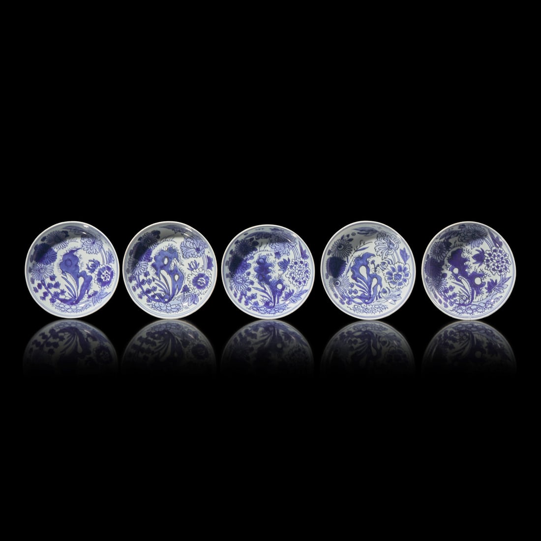 A Group of Five Chinese Blue and White "Chrysanthemum and Rockwork" Dishes, Ming Dynasty, 16th/17th: A Group of Five Chinese Blue and White "Chrysanthemum and Rockwork" Dishes, Ming Dynasty, 16th/17th Century 明 青花菊石圖賞盤五件 Each sauce