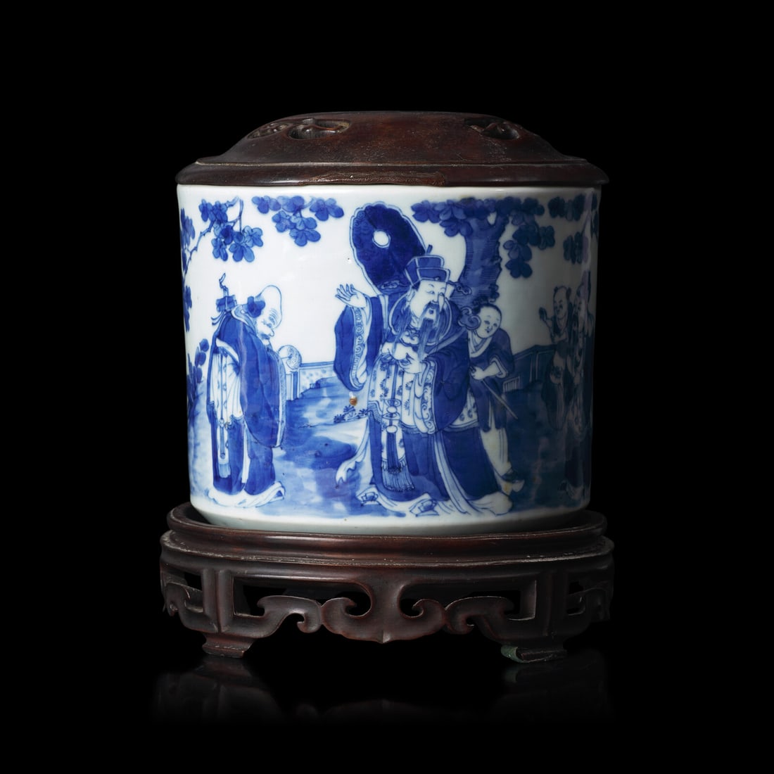A Chinese Blue and White "Daoist Immortals" Brush Pot, Qing Dynasty (1 of 3)