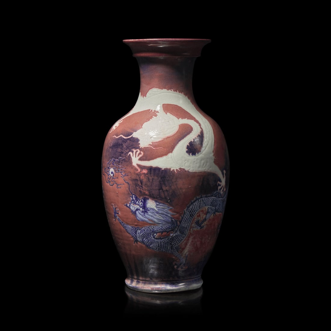 An Unusual and Large Carved Underglaze Blue and Copper Red "Dragons" Vase (1 of 4)