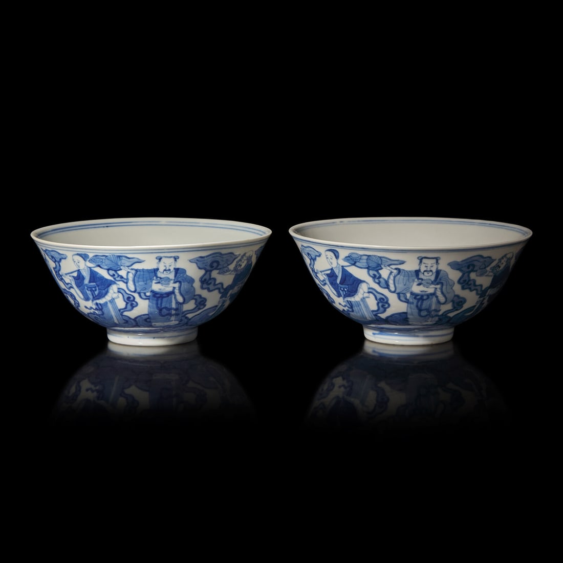 A Pair of Chinese Blue and White "Immortals" Bowls, Qianlong Marks, Possibly Guangxu Period: A Pair of Chinese Blue and White "Immortals" Bowls, Qianlong Marks, Possibly Guangxu Period 或爲清光緒 青花八仙圖碗一對 De
