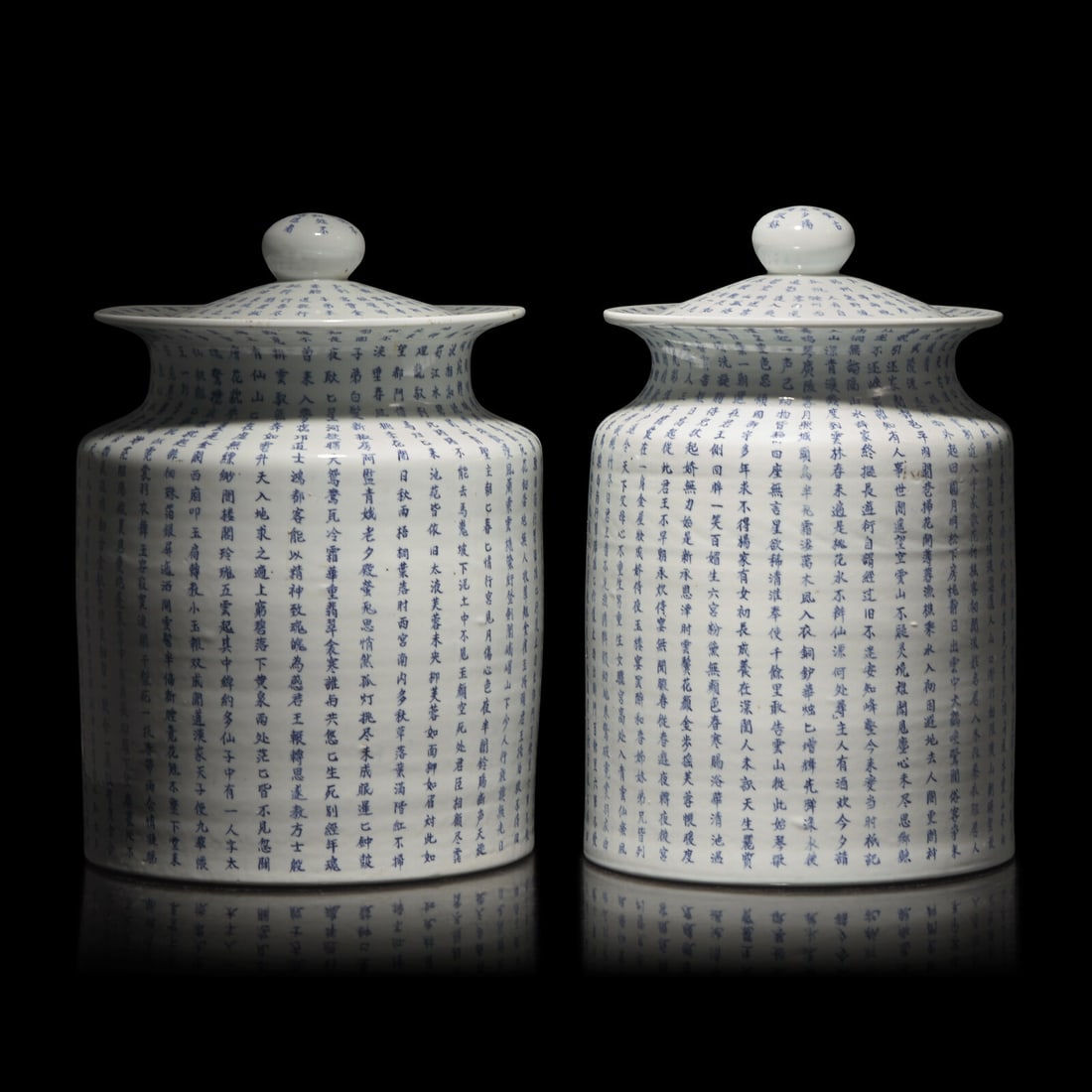 A Pair of Chinese Blue and White 'Chang Hen Ge' (Song of Everlasting Sorrow) Covered Jars, 20th: A Pair of Chinese Blue and White 'Chang Hen Ge' (Song of Everlasting Sorrow) Covered Jars, 20th Century 近代 青花白居易《長恨歌》