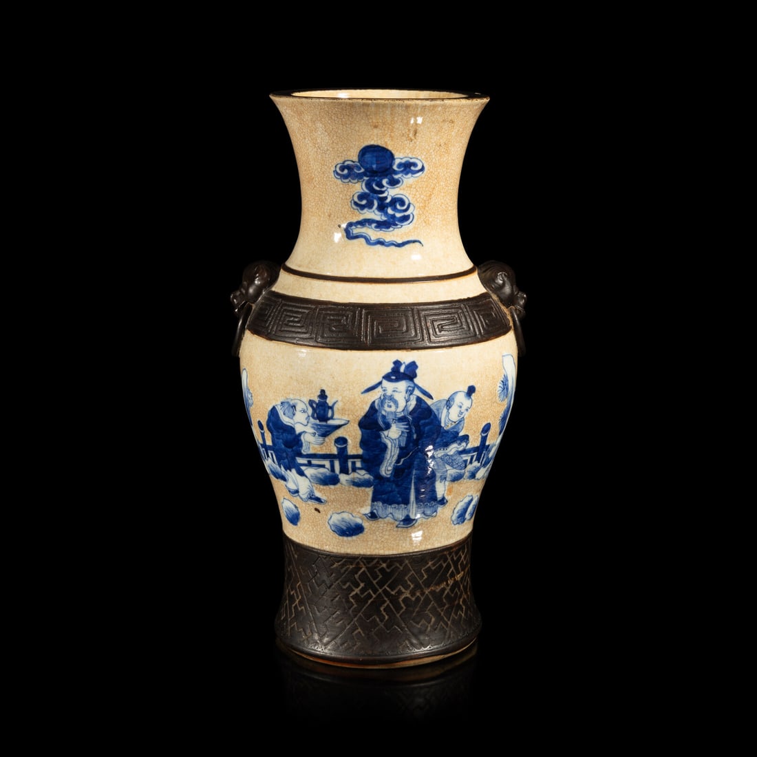 A Chinese Iron Decorated Crackled Glazed Ground Blue and White on Porcelain Vase, Late 19th-Early: A Chinese Iron Decorated Crackled Glazed Ground Blue and White on Porcelain Vase, Late 19th-Early 20th Century 晚清-民國 青花仿古雙耳瓶