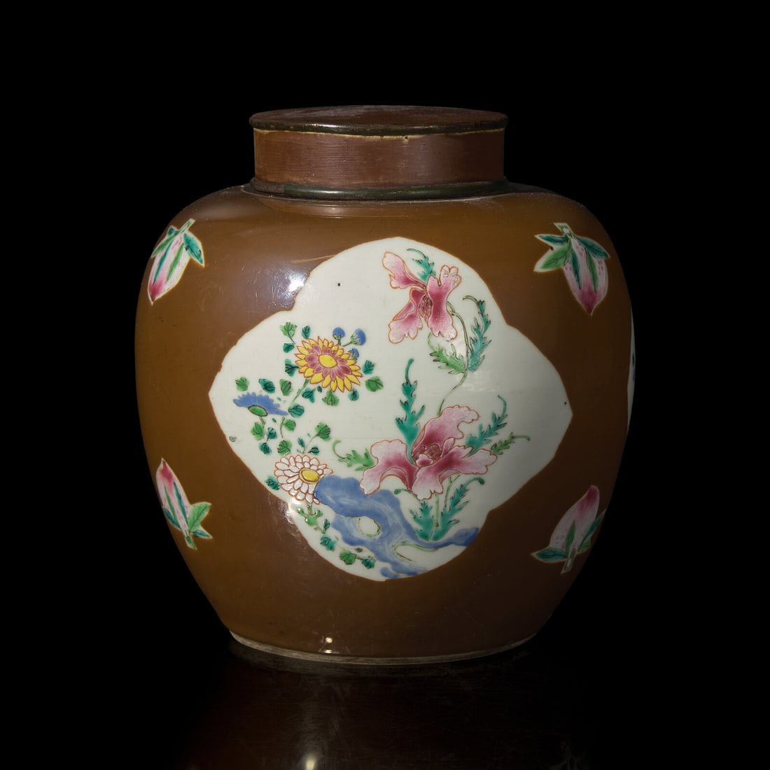 A Chinese Café-au-Lait Ground Famille Rose Jar, 18th Century (1 of 4)