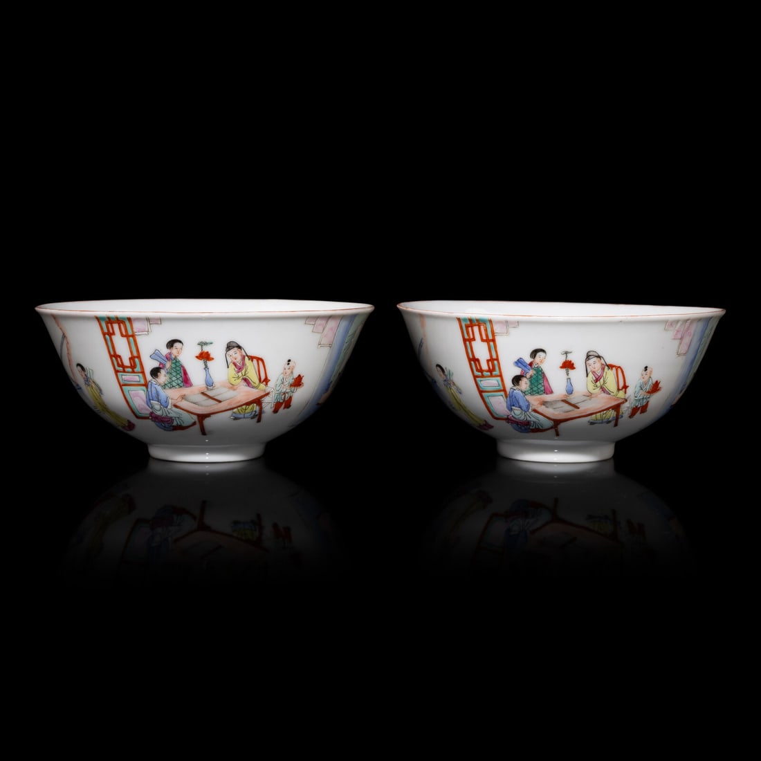 A Pair of Chinese Famille Rose 'Romance of the Western Chamber' Porcelain Bowls, 19th Century: A Pair of Chinese Famille Rose 'Romance of the Western Chamber' Porcelain Bowls, 19th Century 清晚期 粉彩西廂圖碗一對 Each with slopin