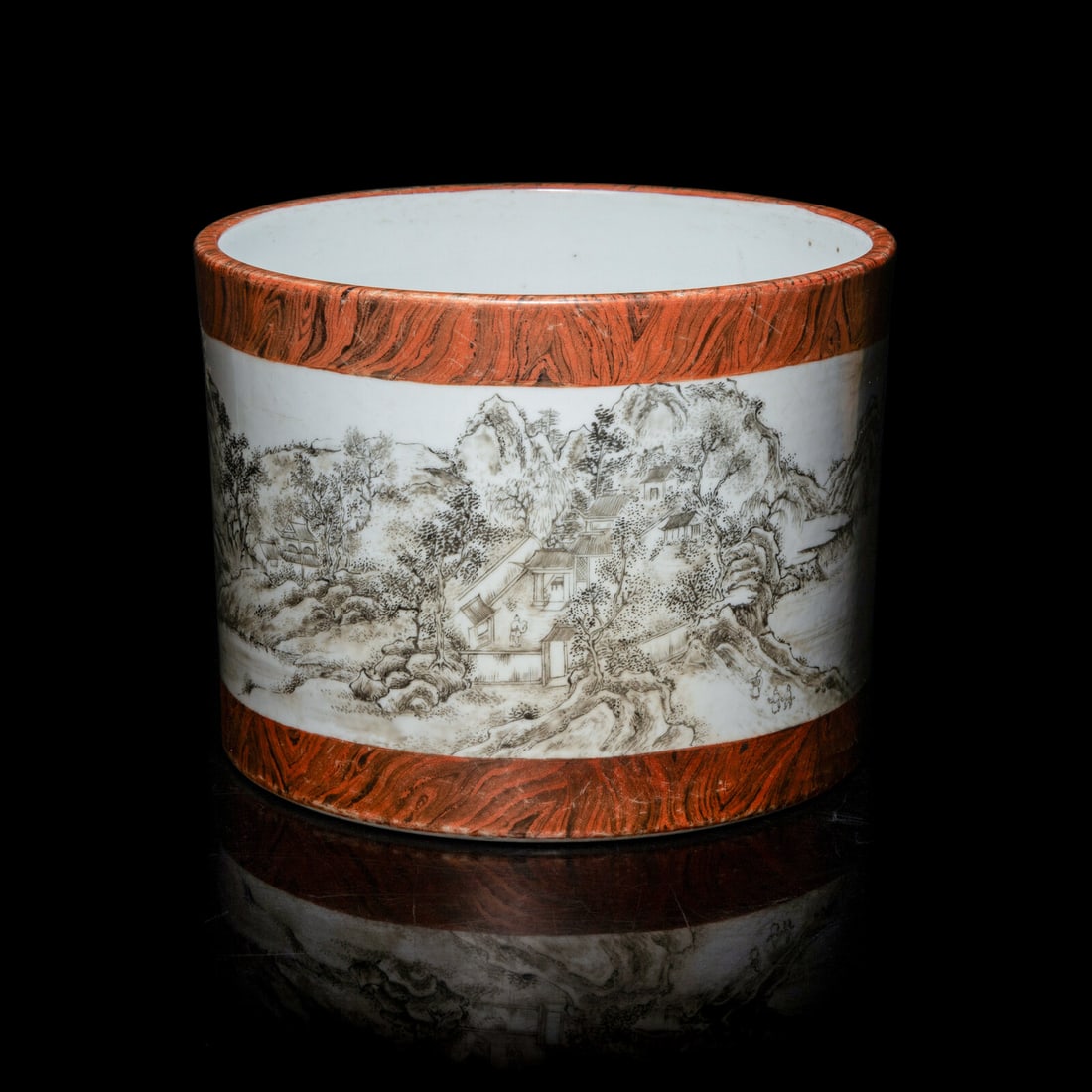 A Chinese Faux Bois and Grisaille Decorated 'Landscape' Brush Pot: A Chinese Faux Bois and Grisaille Decorated 'Landscape' Brush Pot 仿木紋釉墨彩高士策杖圖筆筒 Delicately painted in grisail