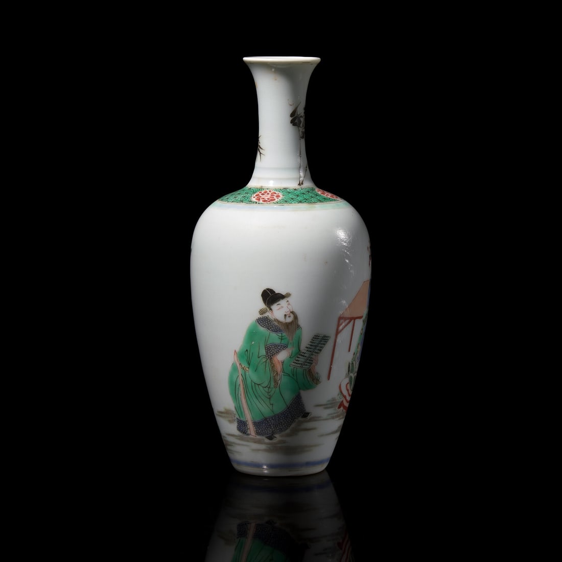 A Chinese Famille Verte Decorated Vase: A Chinese Famille Verte Decorated Vase 康熙款 五彩人物圖賞瓶 Painted with a seated general with his sword, and an attendant with his abacus,