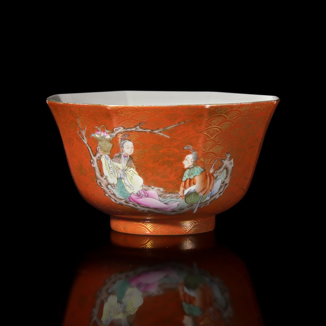 A Chinese Coral-Ground Famille Rose Octagonal Bowl, 20th Century (1 of 4)