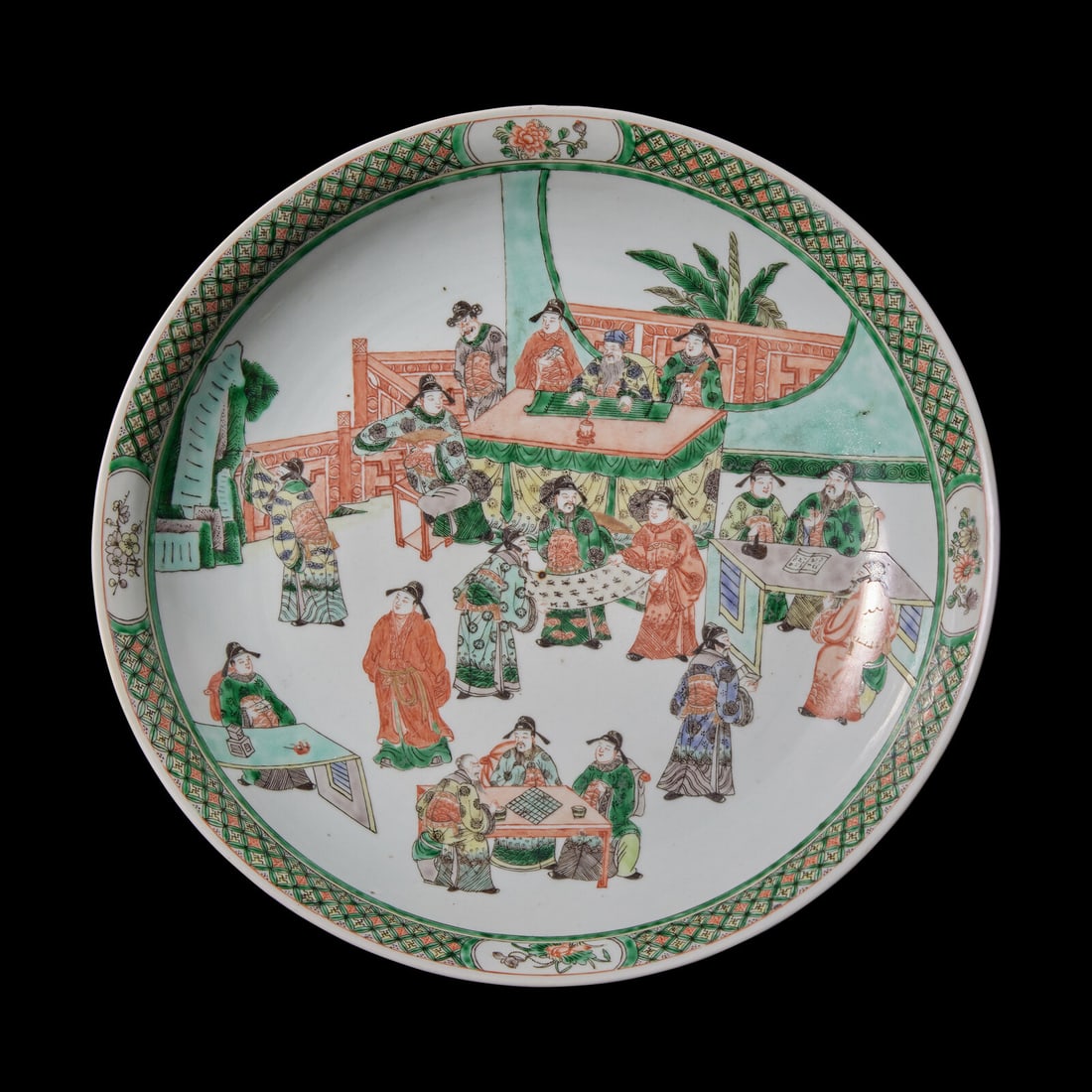 A Chinese Famille Verte Charger, 19th Century: A Chinese Famille Verte Charger, 19th Century 清晚期 五彩四藝圖大盘 Centered by a scene depicting the four arts of Chinese scholars, 琴