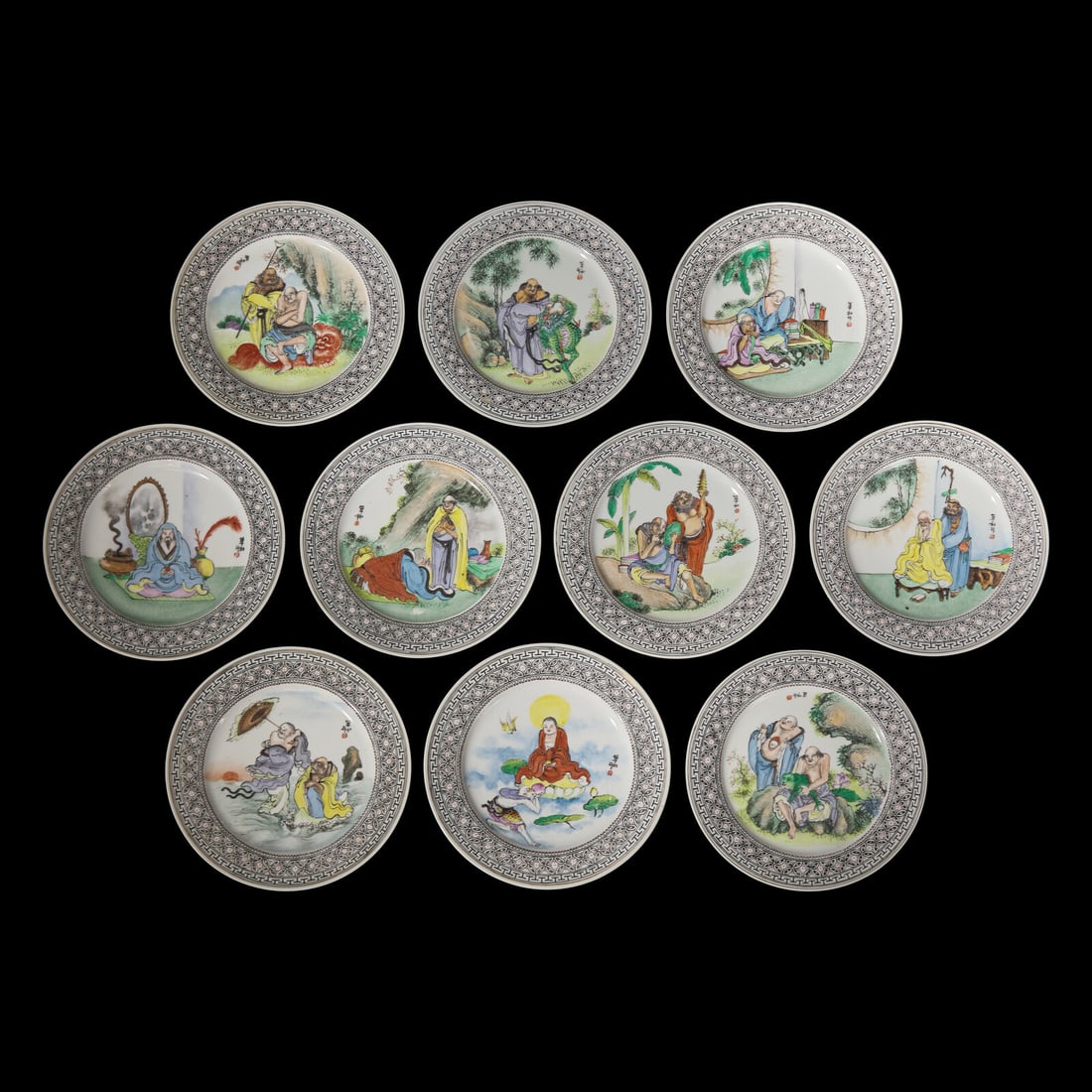 A Set of Ten Chinese Enameled Porcelain "Immortals" Plates, 20th Century: A Set of Ten Chinese Enameled Porcelain "Immortals" Plates, 20th Century 近代 粉彩仙人圖賞盤一組十件 The border of the dis