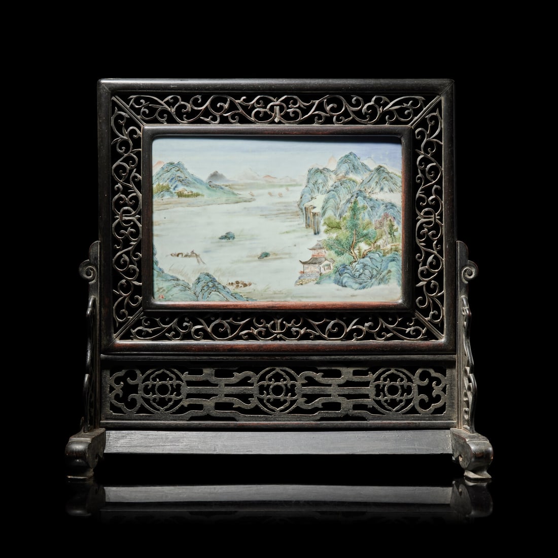 A Chinese Famille Rose Porcelain Inset Hardwood Table Screen (1 of 4)