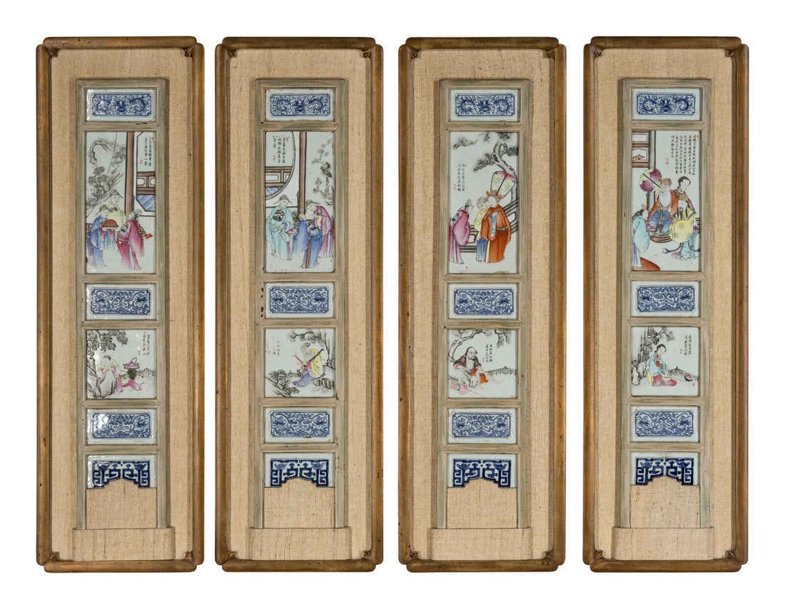Four Chinese Famille Rose Porcelain Plaque-Inset Wall Panels, the Porcelain 19th Century (1 of 3)