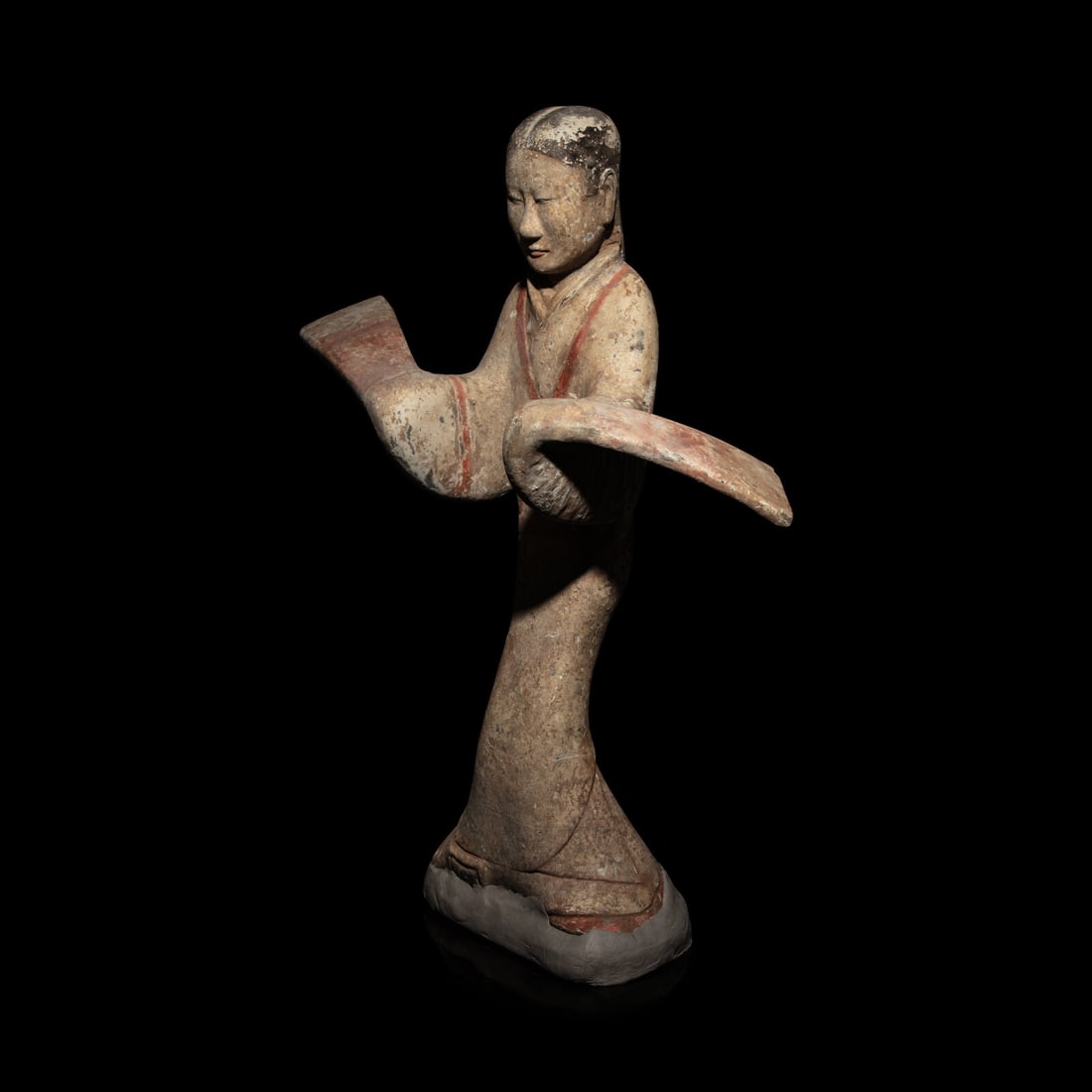 A Chinese Painted Pottery Dancing Lady with Long Sleeves, Han Dynasty (1 of 4)