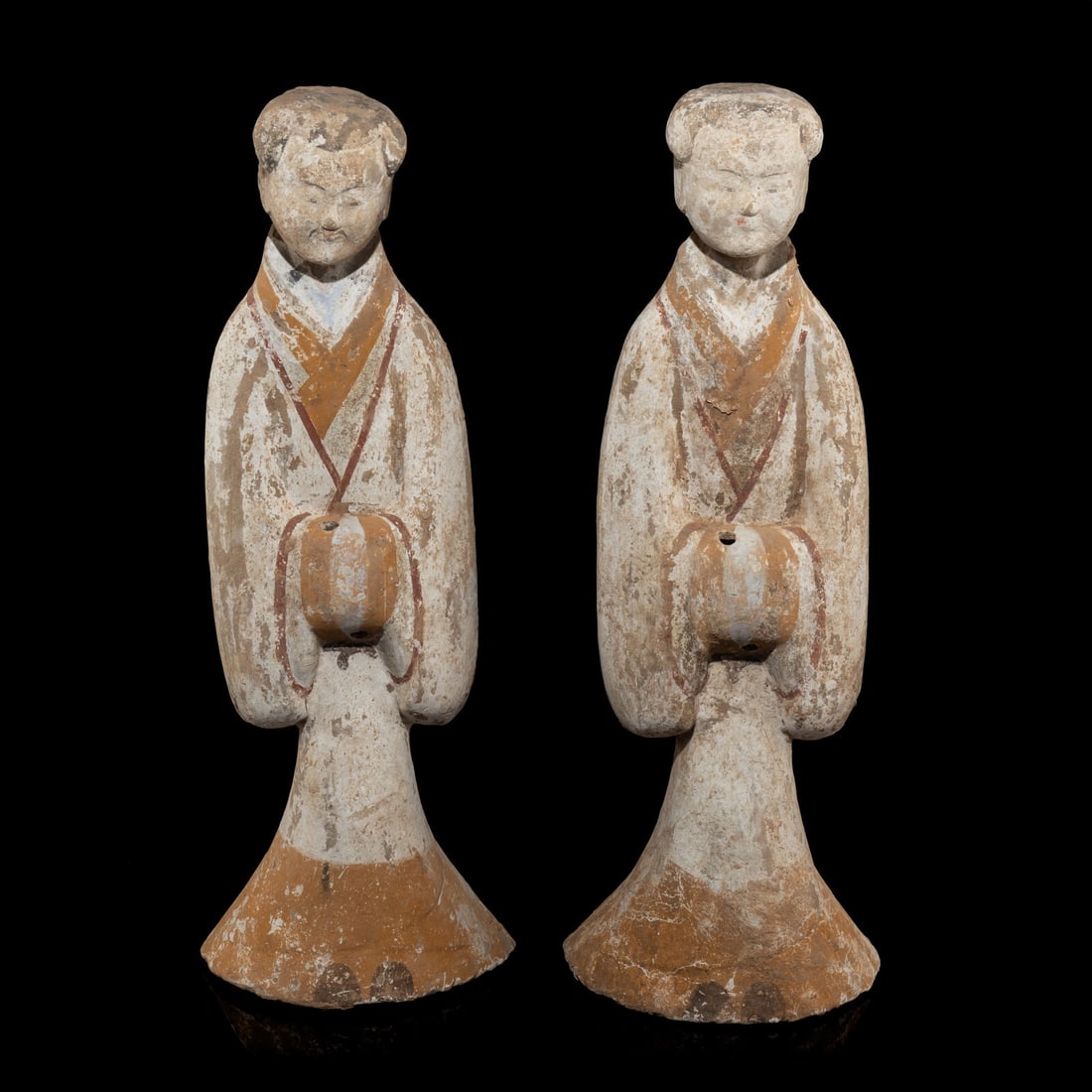 A Large Pair of Chinese Painted Pottery Ladies, Han Dynasty: A Large Pair of Chinese Painted Pottery Ladies, Han Dynasty 漢 灰陶彩繪侍奉俑一對 Height 28 1/2 in., 72.4 cm. Property from the Estate of Et