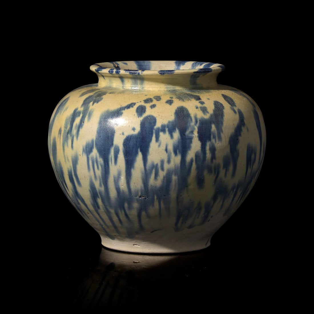 A Chinese Blue-Splashed Jar, Tang Dynasty: A Chinese Blue-Splashed Jar, Tang Dynasty 唐 灑藍三彩罐 The jar is adorned with simple yet striking splashes of blue, nicely potted. Height 6 in., 15.3 cm. Property