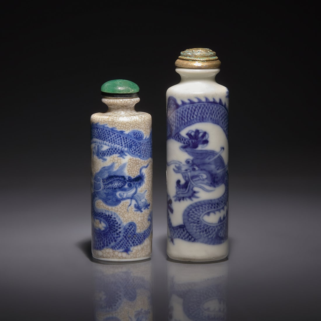 Two Chinese Blue and White Porcelain "Dragon" Snuff Bottles, 19th Century (1 of 3)
