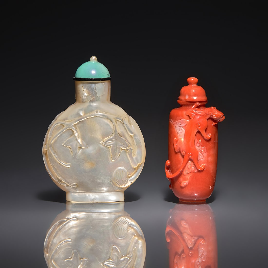 Two Chinese Snuff Bottles: Mother-of-Pearl and Coral, 19th-20th Century (1 of 2)