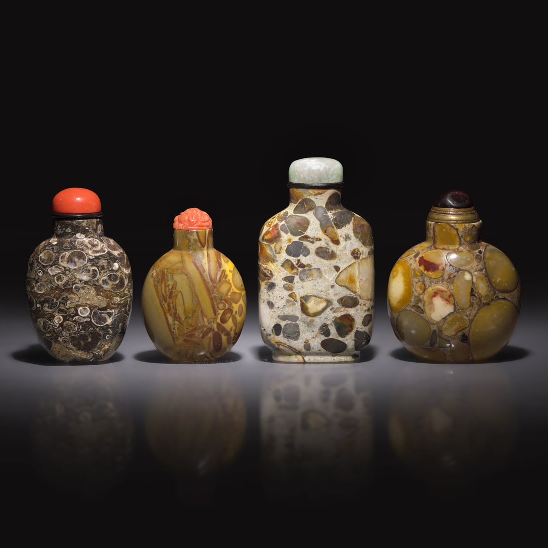 Four Chinese "Puddingstone" and Fossiliferous Limestone Snuff Bottles, 19th to 20th Century (1 of 2)