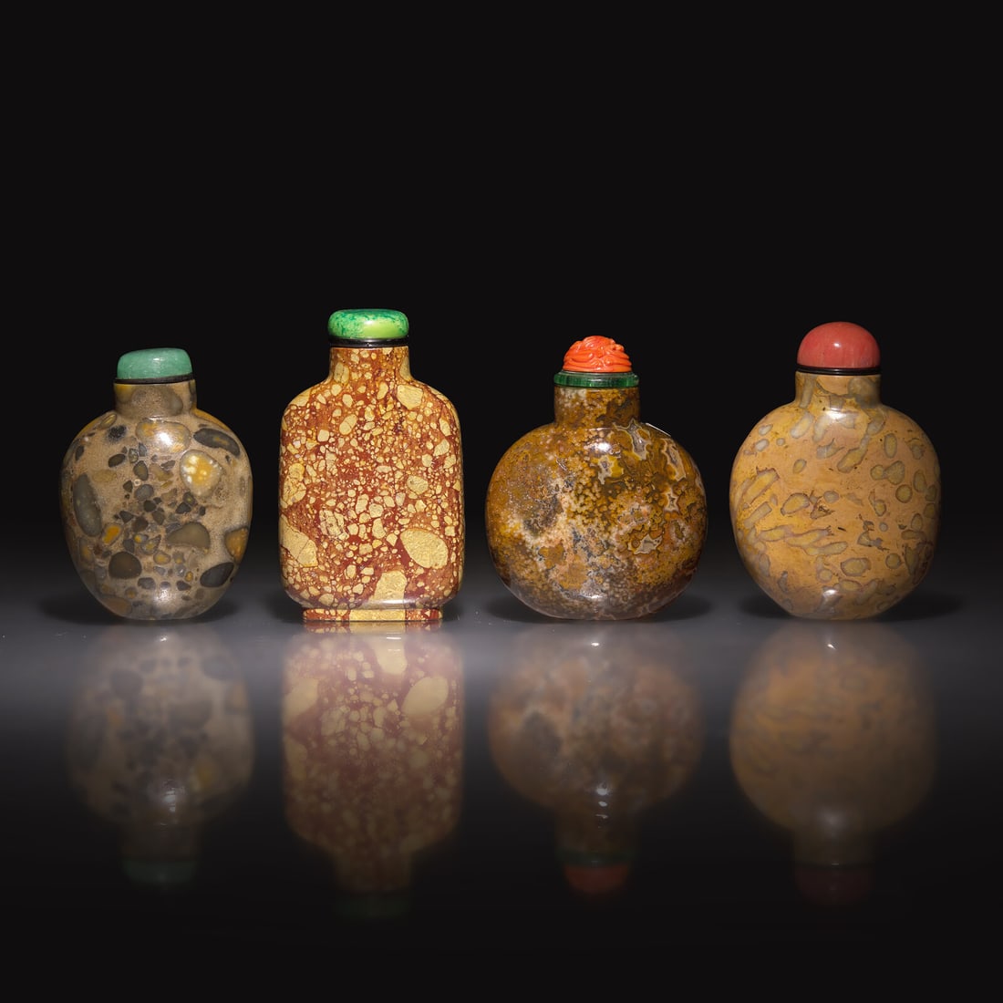 Four Chinese Puddingstone, Agate, and Conglomerate Snuff Bottles, 18th-19th Century (1 of 2)