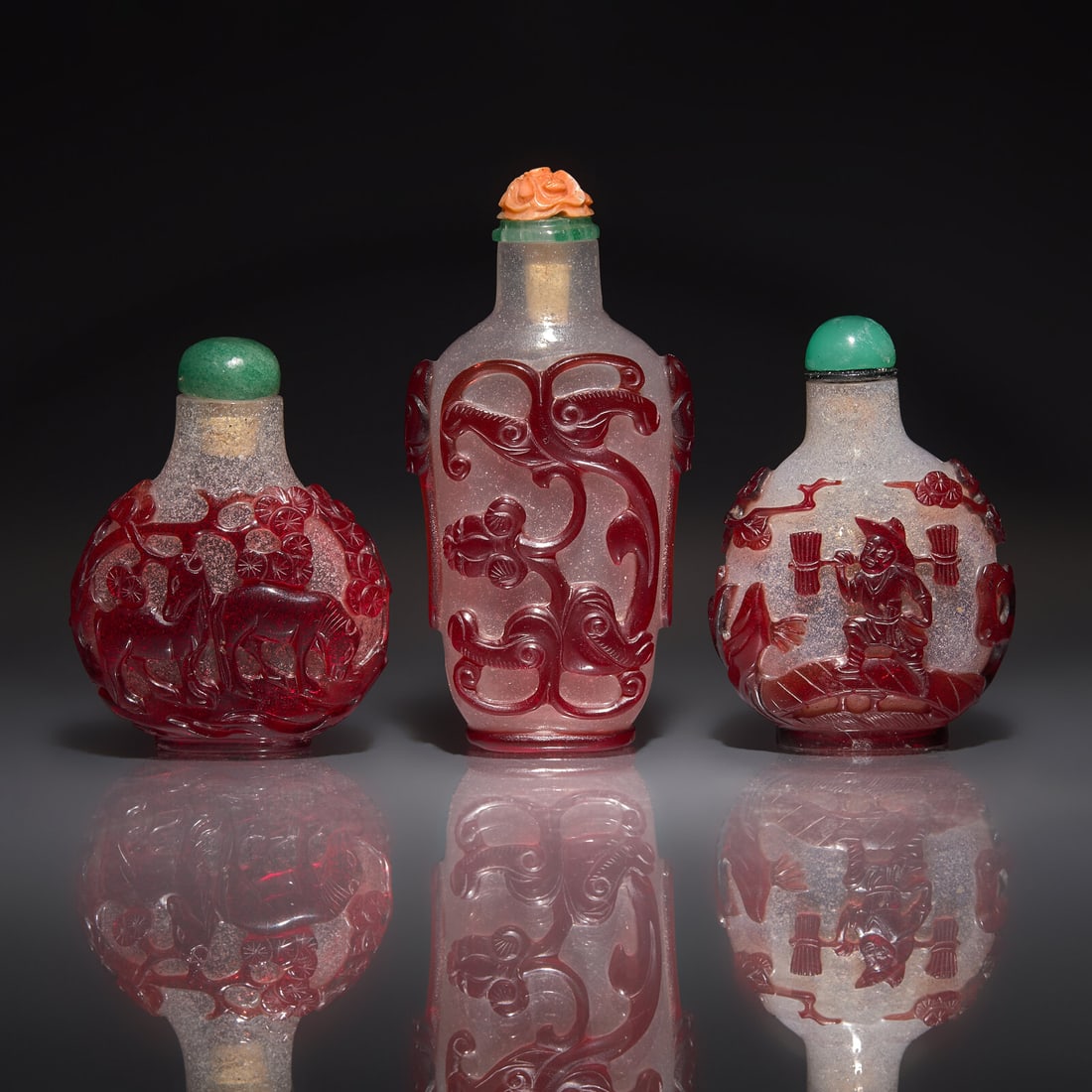 Three Chinese Ruby-Overlay Glass Snuff Bottles, 18th-19th Century (1 of 2)