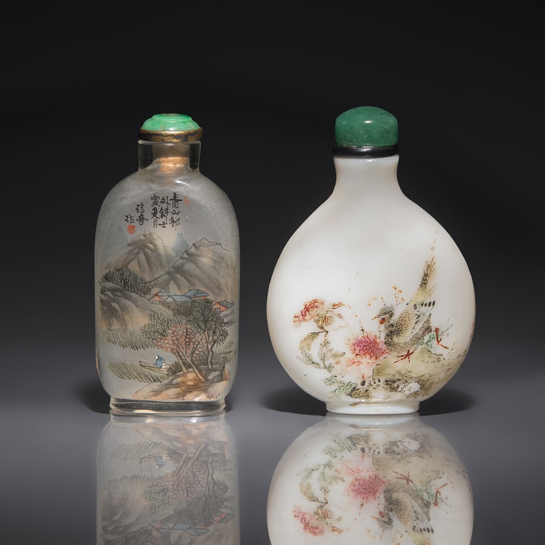 A Chinese Interior-Painted and an Enameled Glass Snuff Bottle, Qing Dynasty: A Chinese Interior-Painted and an Enameled Glass Snuff Bottle, Qing Dynasty 清 料器鼻烟壺兩支 -The first, signed Xin Ting Zuo, dated to a renyin year, p