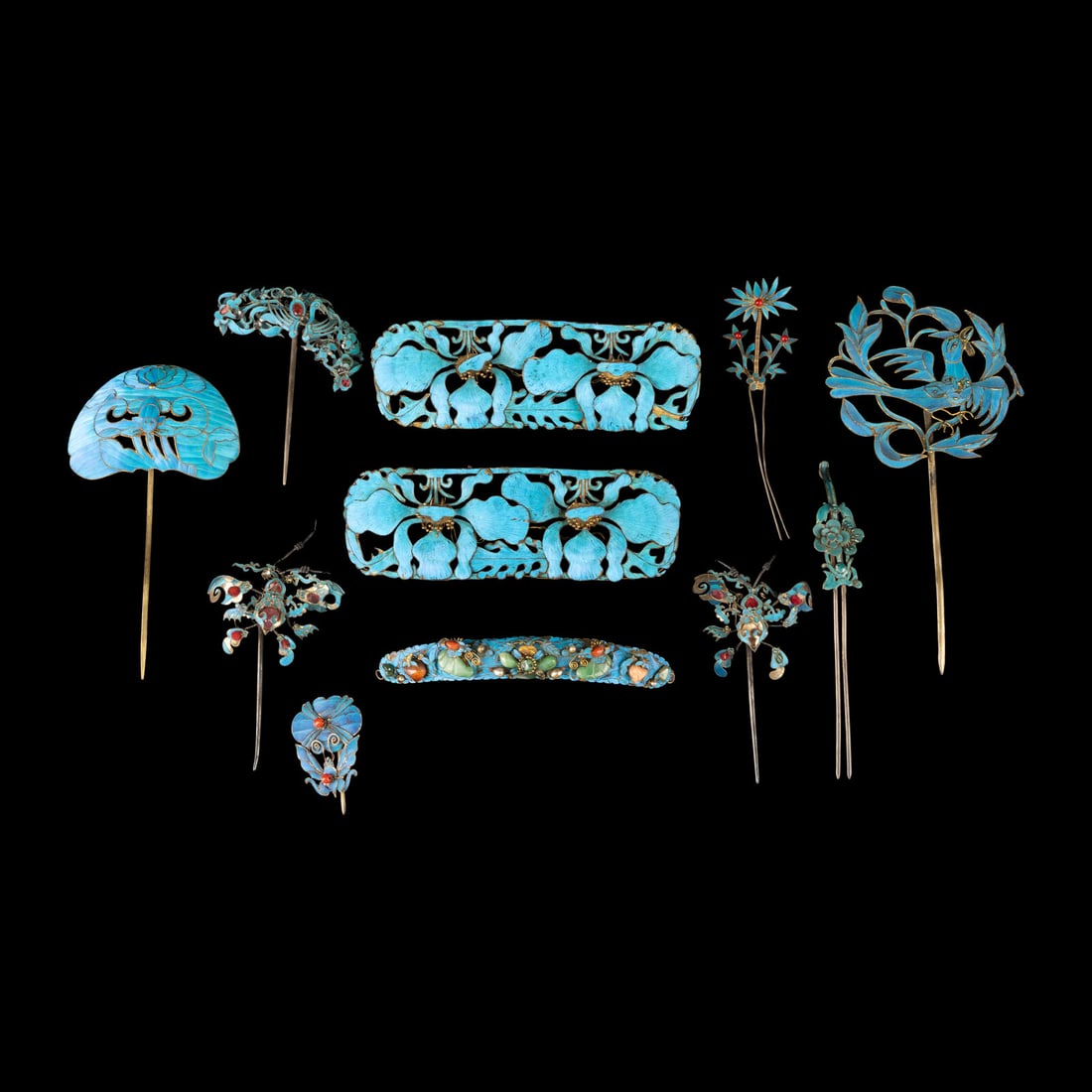 11 Chinese Kingfisher Feather Hair Ornaments, 19th Century (1 of 3)