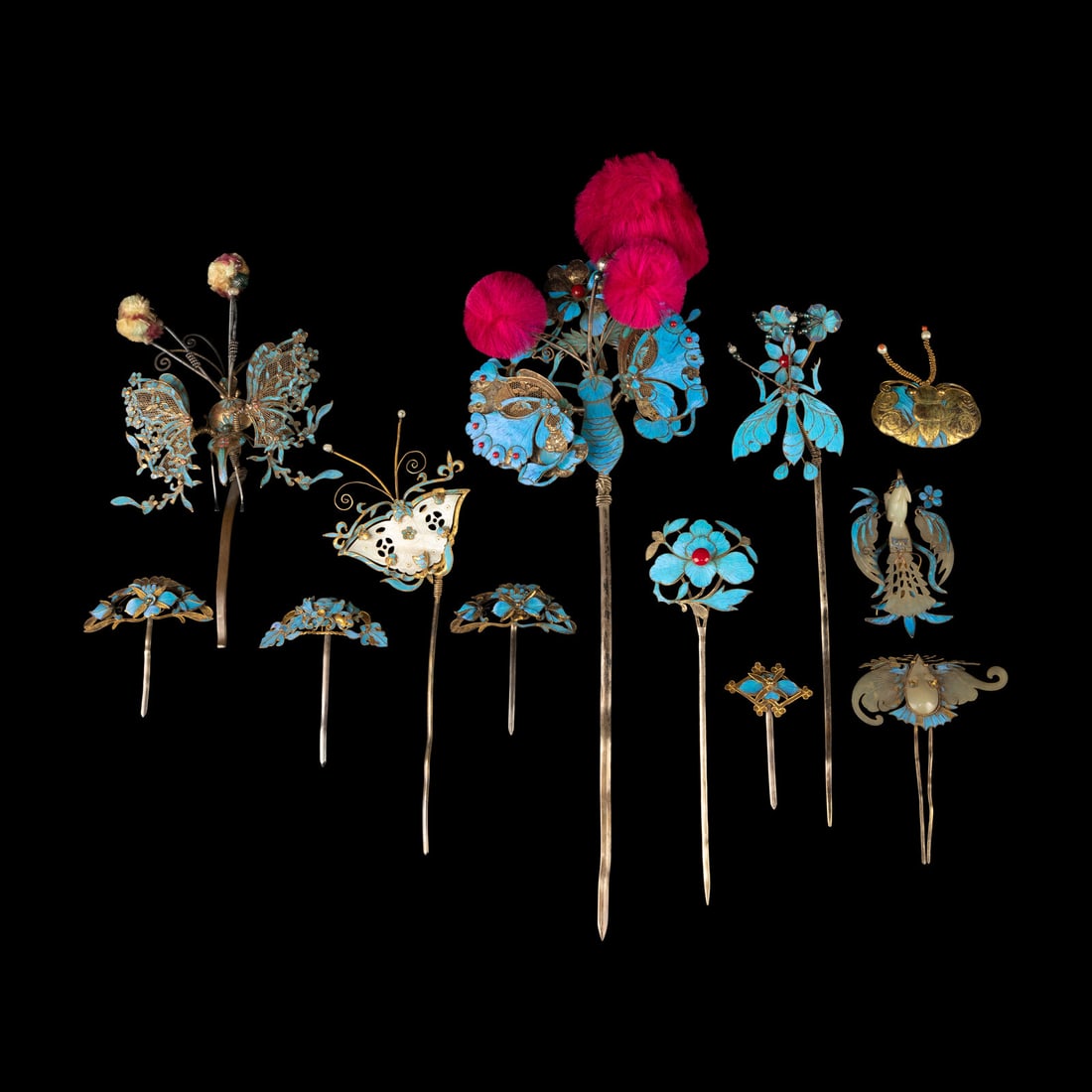Twelve Chinese Kingfisher Feather Embellished Hair Ornaments, 19th Century (1 of 6)