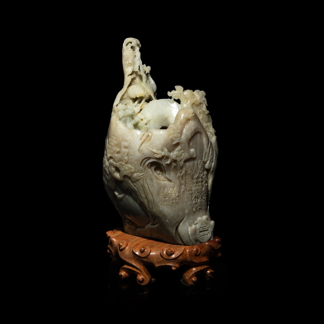 A Chinese Pale Celadon and Russet Jade 'Tree-Trunk' Brushpot, Bitong, 20th Century (1 of 5)