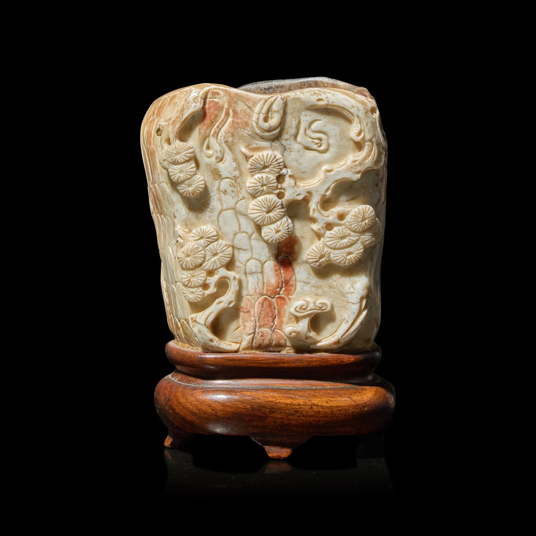 A Small Chinese "Chicken Bone" Jade "Pine" Brush Pot, Qing Dynasty: A Small Chinese "Chicken Bone" Jade "Pine" Brush Pot, Qing Dynasty 清 鸡骨白玉雕松柏纹笔筒 Carved with pine, rockwork, and lingzhi, th