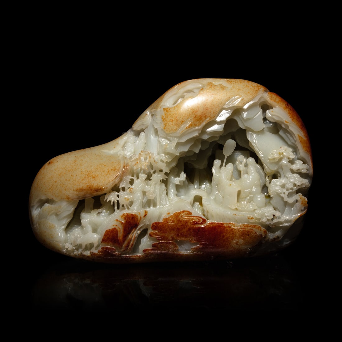 A Chinese White and Russet Jade Boulder, 20th Century: A Chinese White and Russet Jade Boulder, 20th Century 近代 白玉松下對弈圖山子 Width 9 in., 22.8 cm. Property from the Estate of Ethel 