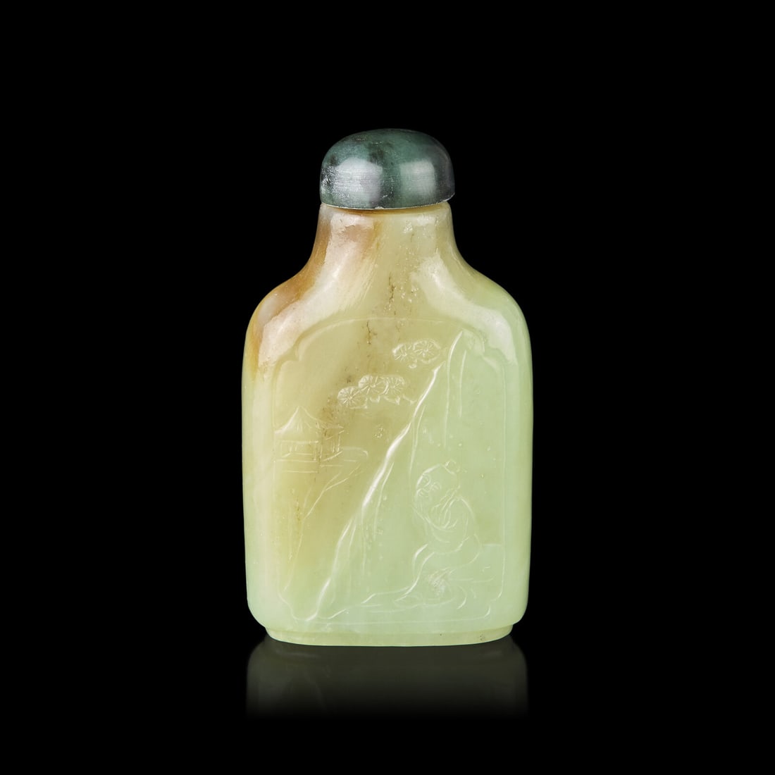 A Chinese Greenish Yellow and Russet Jade 'Scholars' Snuff Bottle, First Half of 19th Century (1 of 2)