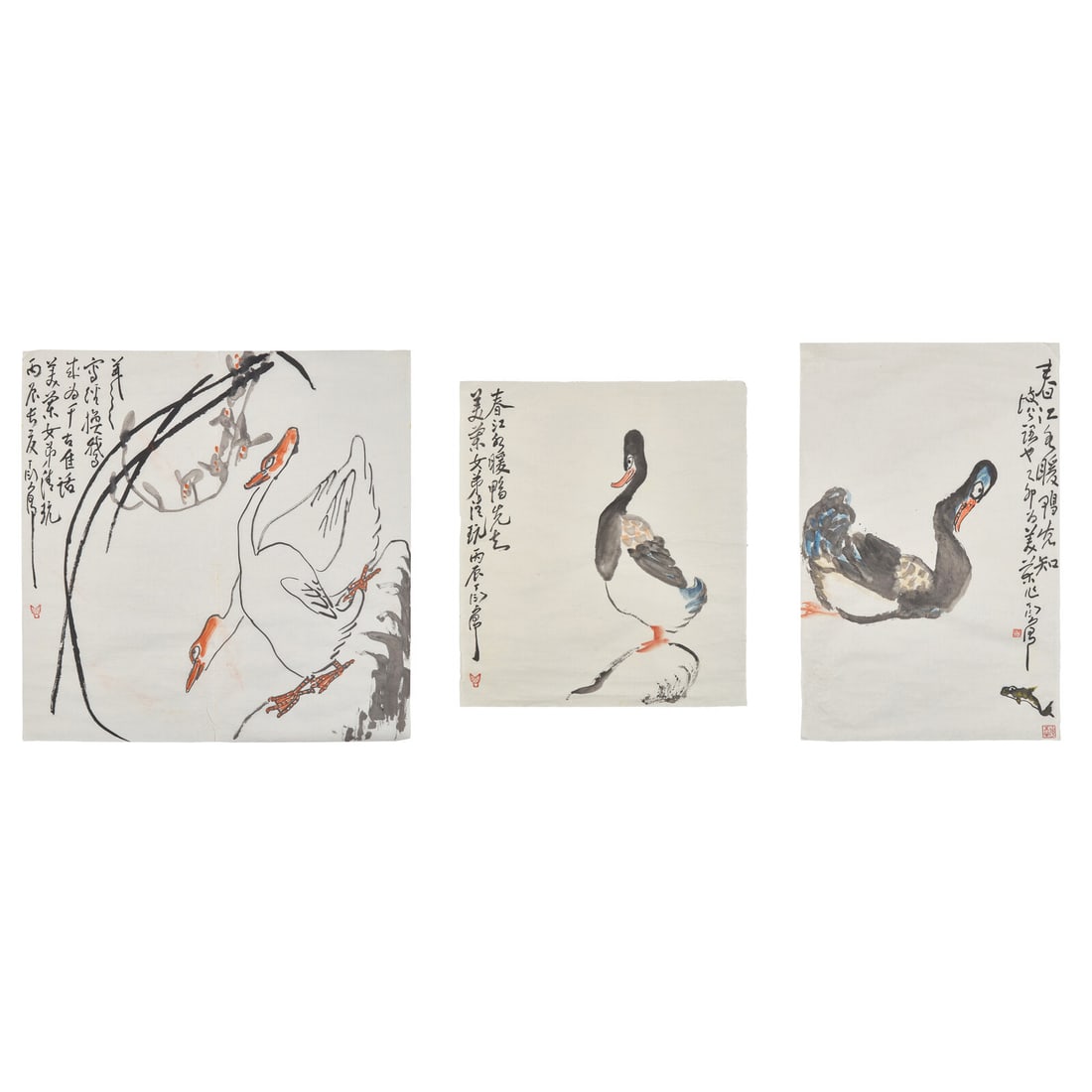 Ding Yanyong (Chinese, 1902-1978): Ding Yanyong (Chinese, 1902-1978) 丁衍庸（近代，1902-1978） Three works, ink and color on paper, unmounted, comprising: -Duck and Fish, titled Chun jian