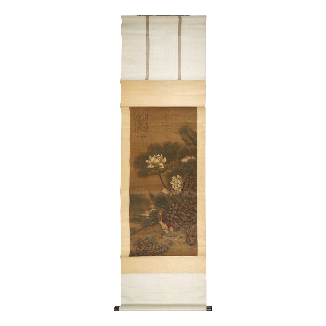 After Lv Ji (Chinese, 1477-?): After Lv Ji (Chinese, 1477-?) 呂紀（款，1477-?） Ducks and Lotus Ink and color on silk, mounted as a hanging scroll, inscribed and with three seals upper left, two 