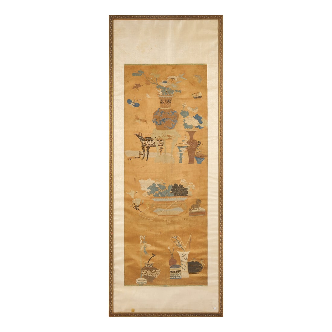 A Chinese Apricot Ground Kesi Silk 'Bogu' Panel, Qing Dynasty (1 of 2)