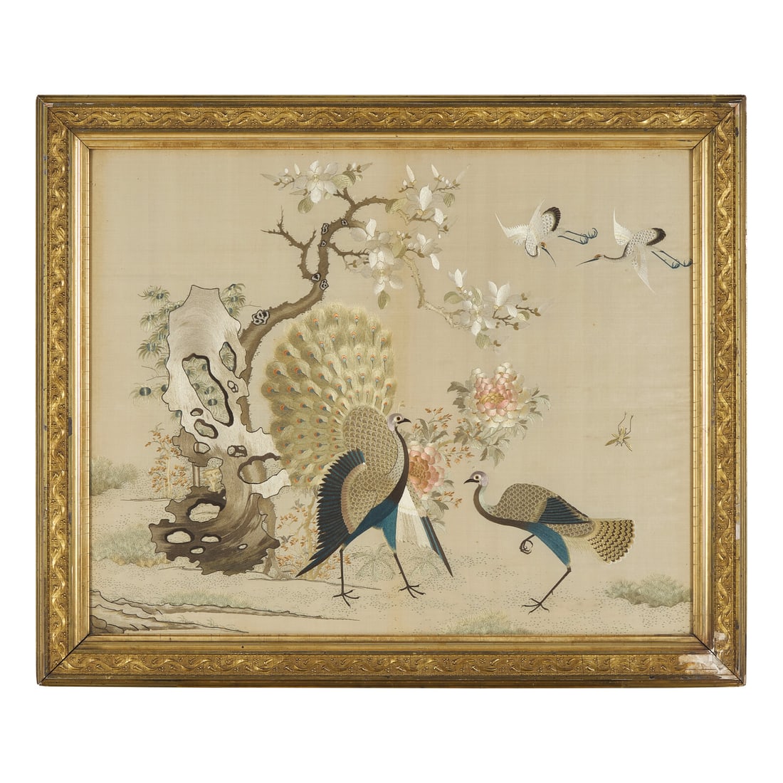 A Cantonese Silk Needlework "Peacocks and Cranes" Panel, 19th Century (1 of 4)