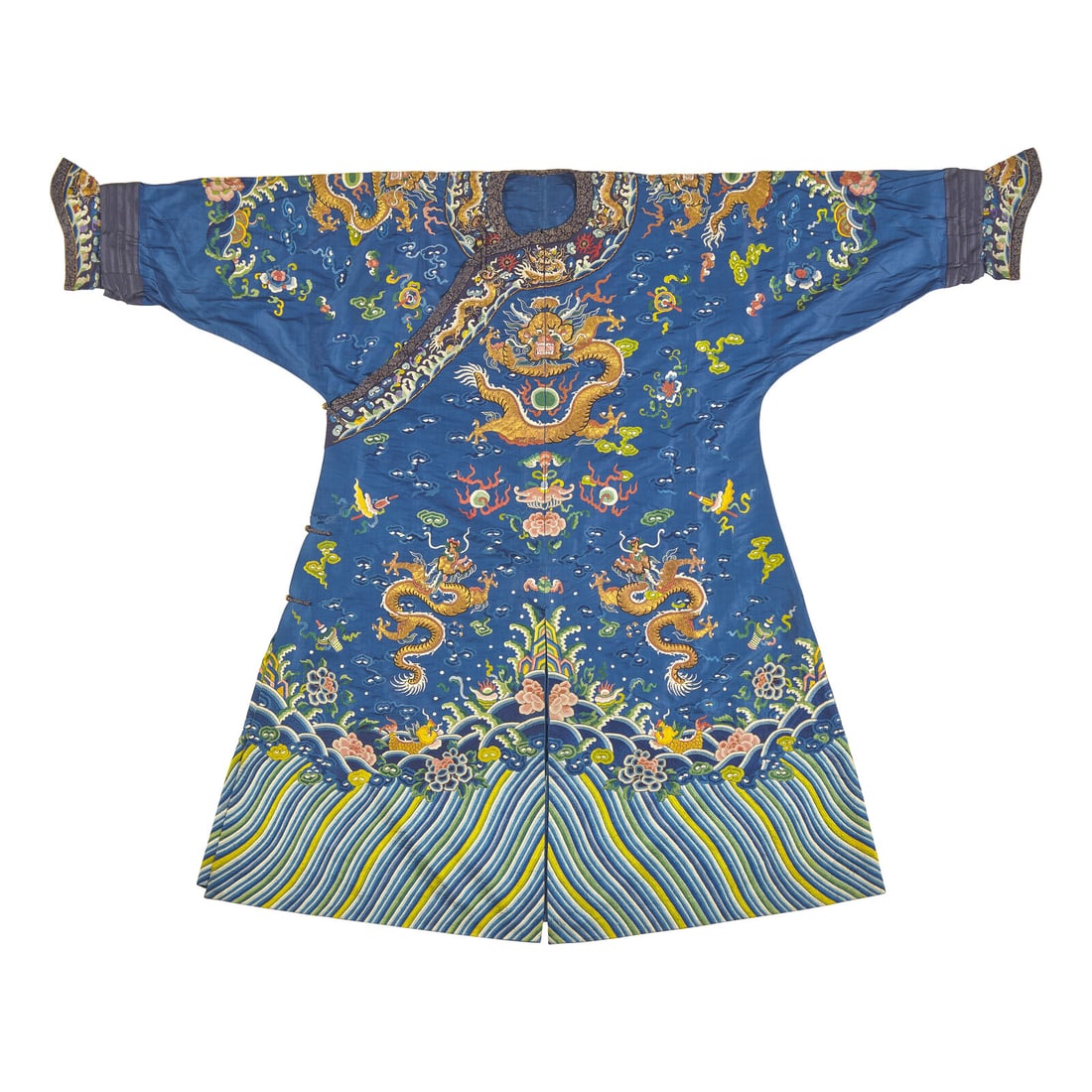 A Chinese Embroidered Blue Silk Dragon Robe, Second Half 19th Century: A Chinese Embroidered Blue Silk Dragon Robe, Second Half 19th Century 晚清 藍緞地綉龍紋袍 With eight gold-embroidered four-clawed dragons (no "hid