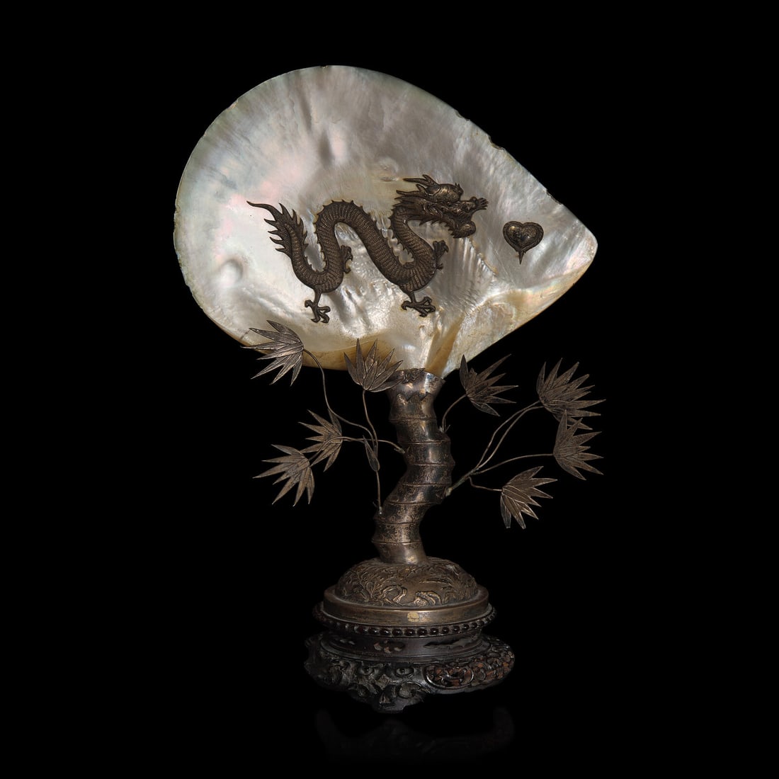 A Chinese Silver and Mother of Pearl Ornament, 19th/First Quarter 20th Century: A Chinese Silver and Mother of Pearl Ornament, 19th/First Quarter 20th Century 晚清/民國 貝母鑲銀硯屏 In the form of a stylized bamboo plant